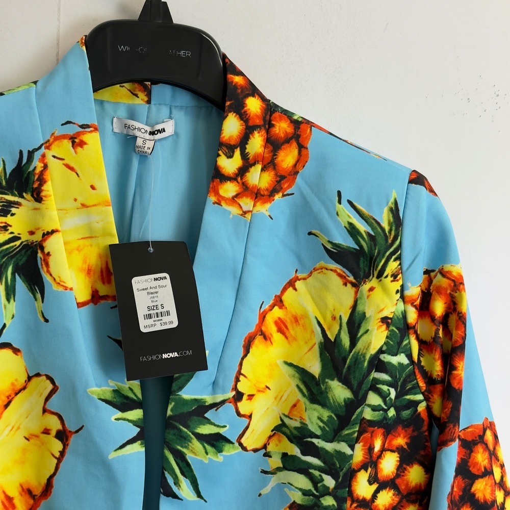 Fashion Nova Sweet And Sour Blazer Blue‎ Pineapple Tropical Print Jacket Size S - Picture 4 of 9